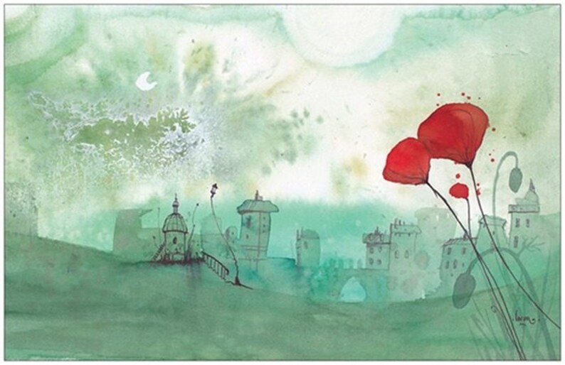 Grande carte postale. Image peinture à l'aquarelle d'une illustration d'un paysage vert, avec une ville verte, et de gros coquelicots rouges image 1