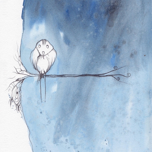 Impression d'illustration (dessin, aquarelle, encre) - Print - format A4 - Oiseau hibou de nuit, nocturne, perché sur une branche d'arbre