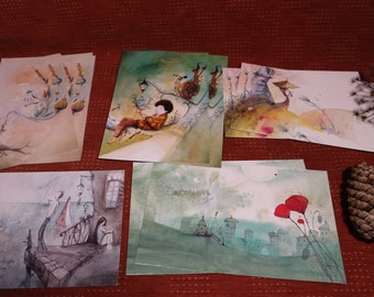 May include: Set of six watercolor illustrations on paper featuring whimsical scenes with a child, snails, a bird, and a cityscape. The illustrations are painted in soft, muted colors and have a dreamy, ethereal quality.