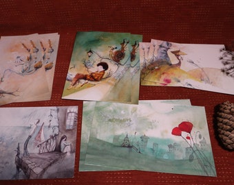 Lot of 10 large postcards - Images from various illustrations of children's books or paintings - Drawing technique - watercolour