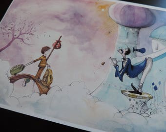 Illustration printing (drawing, watercolor and ink) - Print - A4 format - The imaginary world of the child Martin and the king's butler