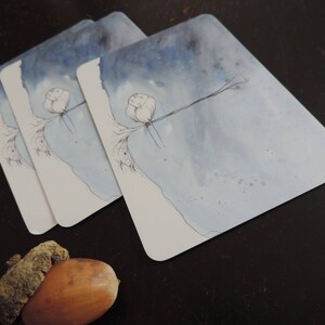 Cartes postales -  images issues du projet de livre "L'oiseau de nuit" - oiseau nocturne, hibou, bleu, sur sa branche.