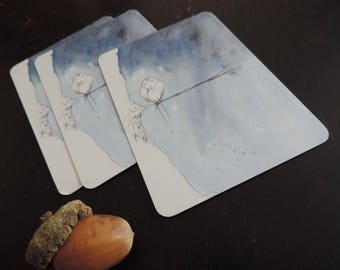 Cartes postales -  images issues du projet de livre "L'oiseau de nuit" - oiseau nocturne, hibou, bleu, sur sa branche.