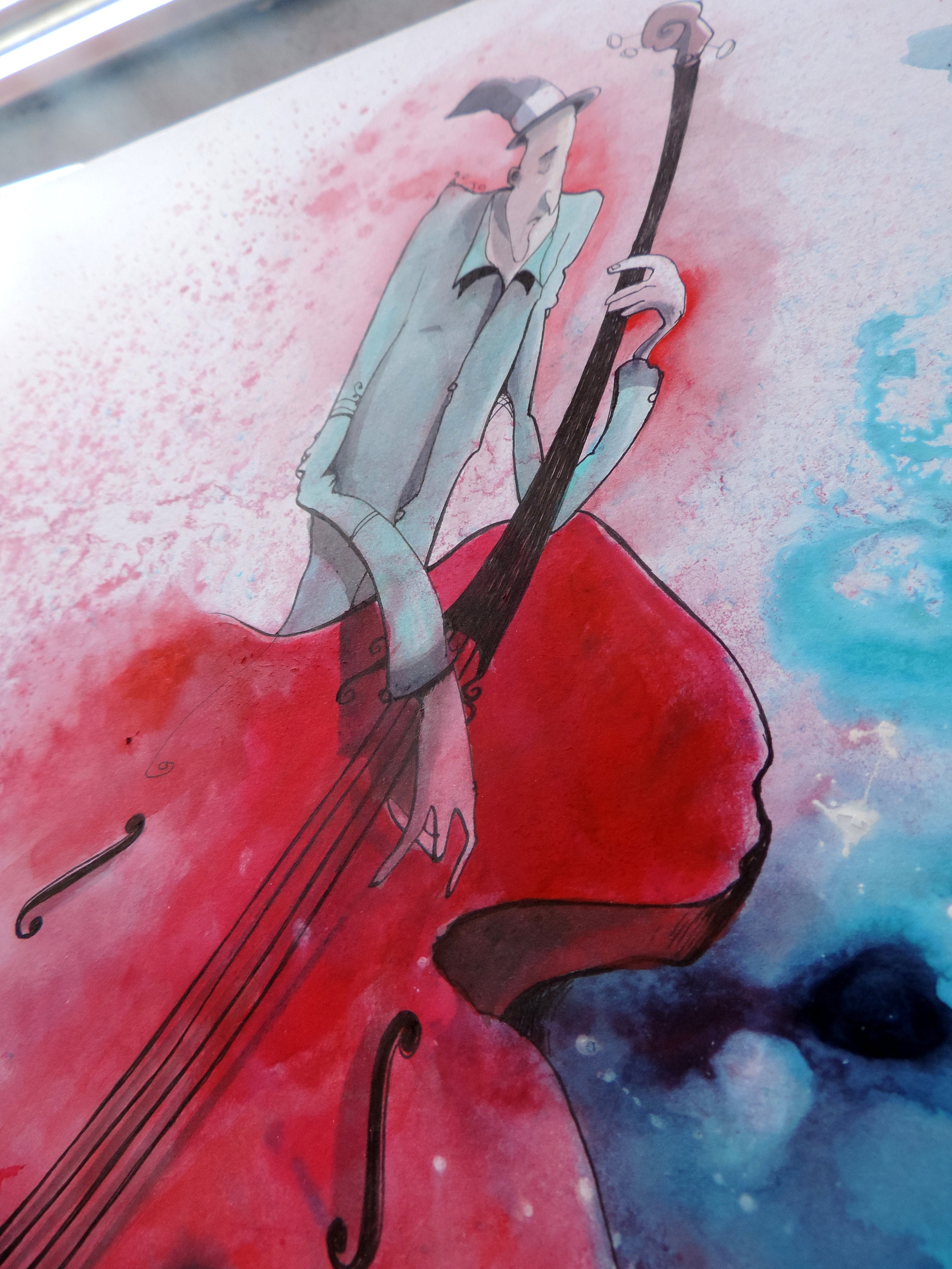Acrylic Paint and Ink Red and Blue. Pencil Drawing Soulful Jazz Bassist