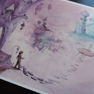 Impression d'illustration dessin, aquarelle et encre format A4 Le monde imaginaire violet de Martin face au château bleu turquoise image 4