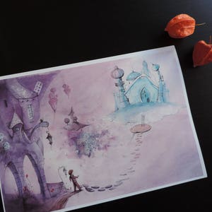Impression d'illustration dessin, aquarelle et encre format A4 Le monde imaginaire violet de Martin face au château bleu turquoise image 1