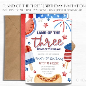 Land of the THREE Birthday Party Invitations | Third Birthday Party Theme | Three Birthday Invitation | Patriotic Birthday | Patriotic Theme