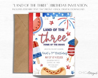 Patriotic Third Birthday Invitation: Land of the Three (Digital Download, 5x7")