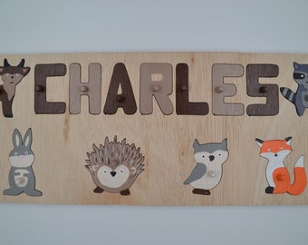 Name puzzle / customizable puzzle / forest animals / wooden toy