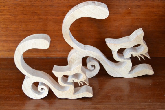 Statues Chat En Bois 2D - Couple De Chats Décoratifs - 10 Cm - Décoration D'Intérieur Mignonne Pour Fêtes - 5