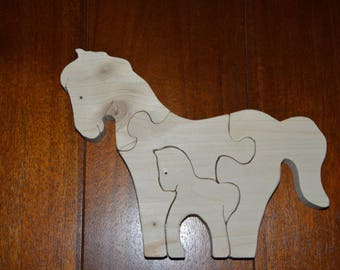 Wooden toy / 4 piece puzzle / Mare and foal / educational game