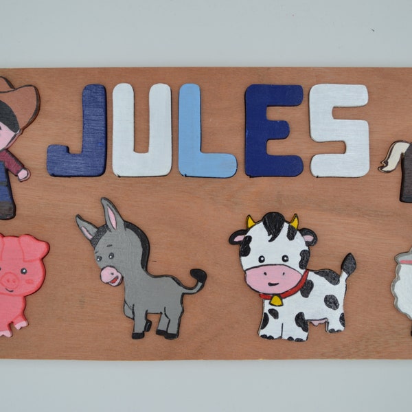 Puzzle prénom / Puzzle en bois / Animaux de la ferme /Pièces en relief ou avec boutons