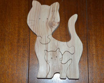 Jouet en bois / Puzzle de 4 pièces / Chat et chaton / jeu éducatif