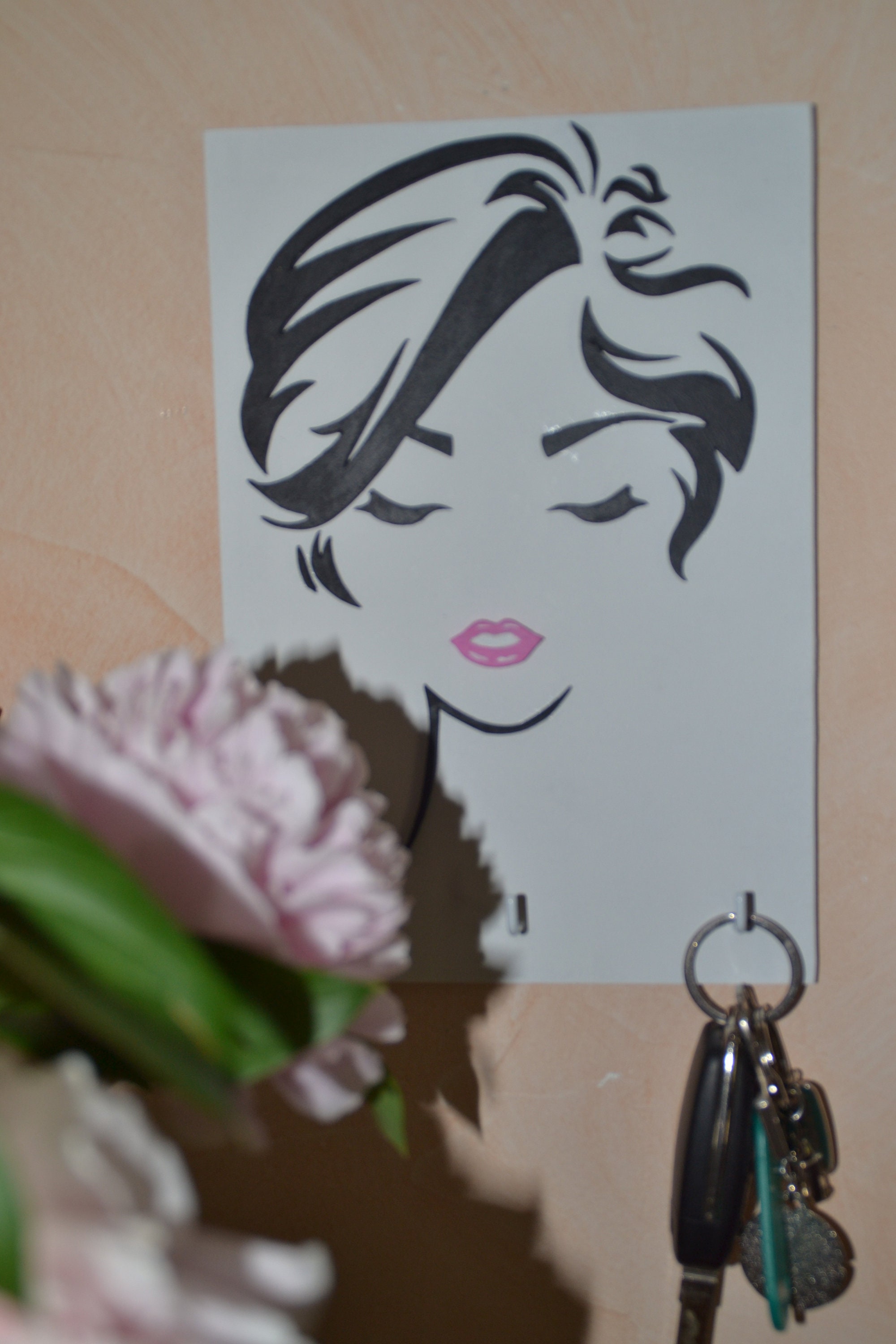 Porte-Clés Mural en Bois/Portrait de Femme Coiffure Tableau Décoratif Accroche-Clés