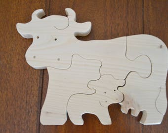 Jouet en bois Puzzle de 4 pièces d'une vache avec son veau