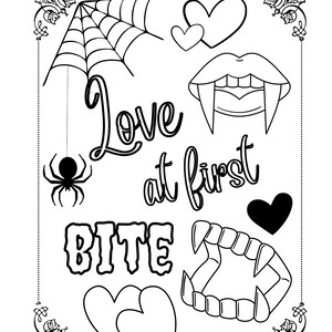Liebe auf den ersten Biss Valentines Wortspiel Spooky Theme Malseite
