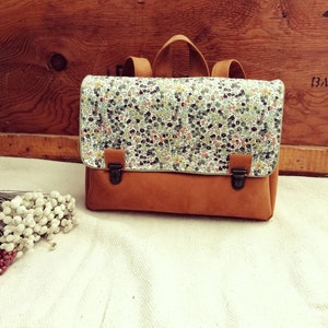 Camel faux leather and Liberty Wiltshire lichen schoolbag for nursery and primary school CP