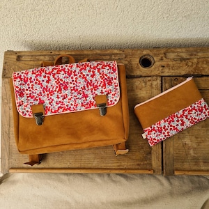 Cartable en simili cuir camel et Liberty wiltshire rouge maternelle et primaire CP