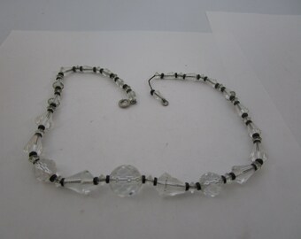 Antique Retro Modern Black & Clear Cut Crystal Beaded Neclace