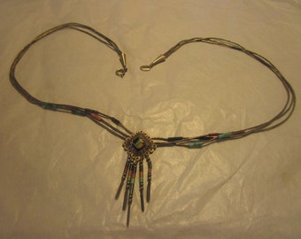 Old Native American 3 Strand Sterling Silver & Multi Colored Stone Beads Necklace