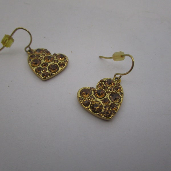 Designer Relic Gold Tone Heart Pierced Dangle Earrings with Cluster Amber Rhinestones