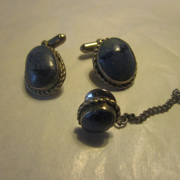 Vtg Native American Sterling Silver & Lapis Lazuli Set Cuff Links and Tie Tack