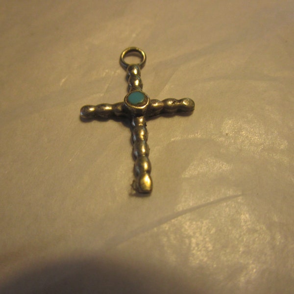 Vtg Native American Sterling Silver & Turquoise Christian Cross Necklace Pendant