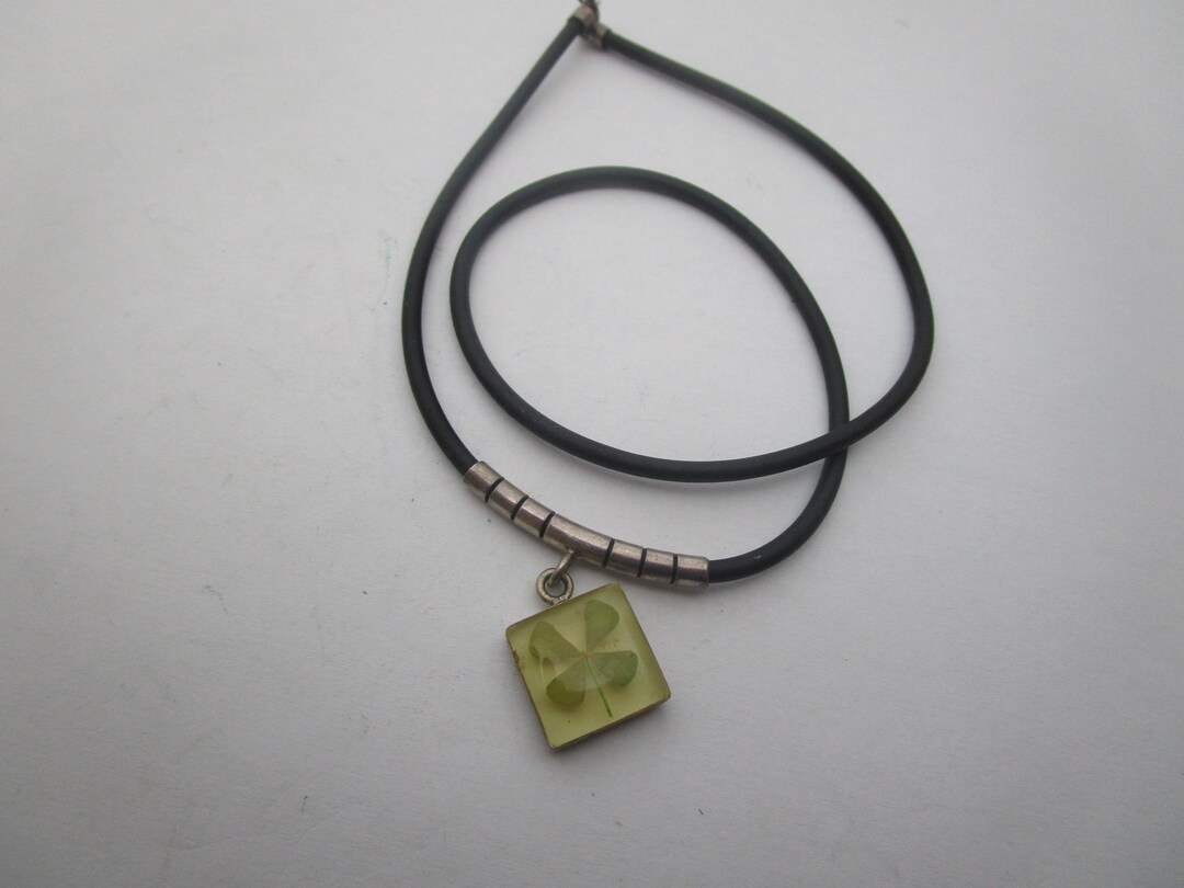 Incased Retro 60's Necklace Sterling Silver & Real Four Leaf Clover Incased in ...