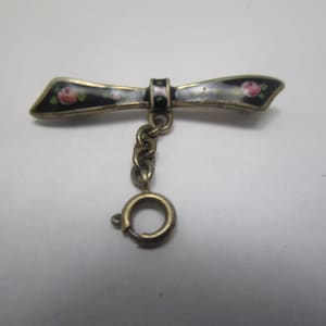 Unique Antique Enameled Sterling Silver Bar Pin with Charm Chain