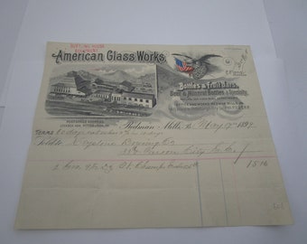 1890's Antique Receipt American Glass Works Beer Bottles Great Vignette Am Flag Eagle Pgh Pa