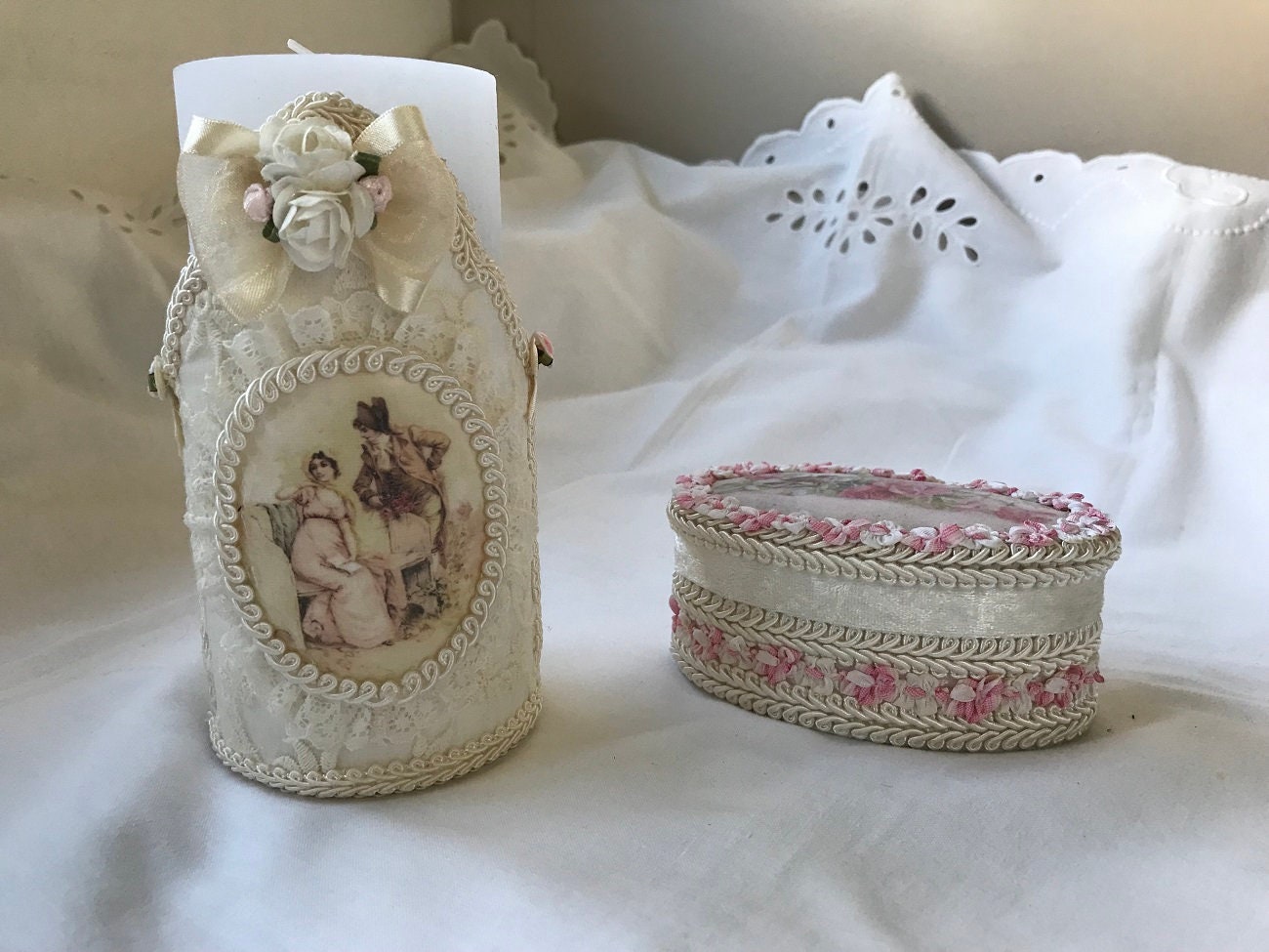 Lot Pot Habillage Pour Bougie Esprit Victorien et Petite Boîte Ovale Shabby Romantique
