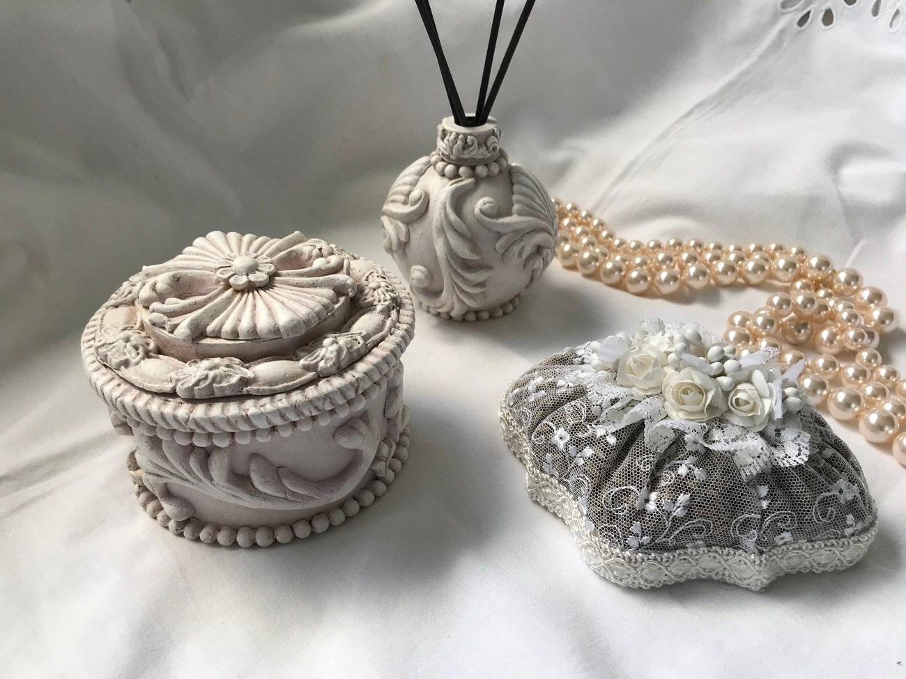 Lot Boîte Ronde et Diffuseur de Parfum avec Senteur Décorative, Ensemble Shabby