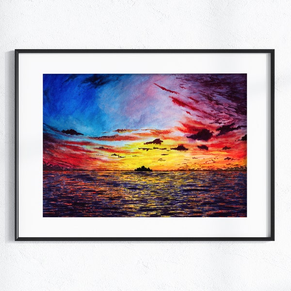 Watercolor Sunset Painting - Colorful Seascape - The Maldives - Realistic Printable Artwork - DOWNLOAD and Print - Digital Print