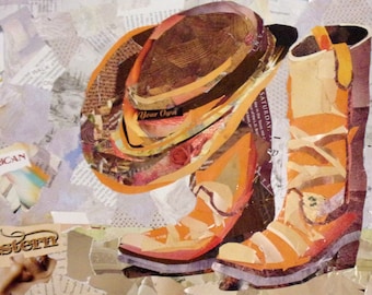 Cowboystiefel Originalcollagen auf Papier – Hut und Stiefel