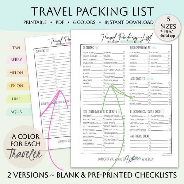 Travel Packing List Printable, Digital, Travel Checklists, Travel Planner, itineraries A4, Letter, Instant Download, Happy Planner Classic