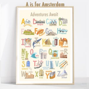 Poster ABC per la cameretta dei bambini a tema viaggio / Arte murale per la cameretta dei bambini / Decorazione dell'alfabeto stampabile per la cameretta dei bambini Decorazione per la cameretta dei bambini Regalo per baby shower Città del mondo