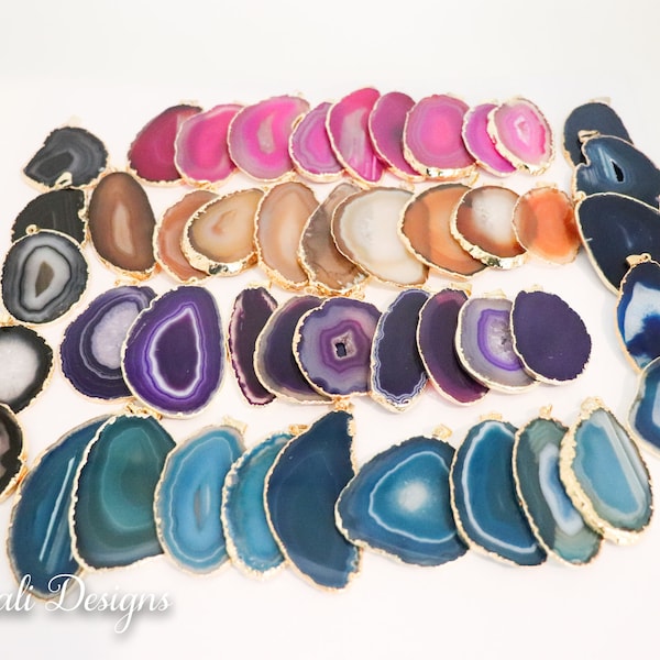 Agate Pendant Slice, Gold, BoHo, Crystal Pendant, Agate Slice, Agate Slice Druzy, Pink, Blue, Brown, Black, Teal Wholesale