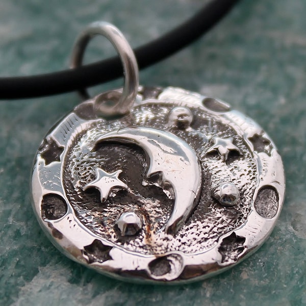 moon and stars pendant / moon and stars necklace / silver PMC / silver moon and stars / handmade