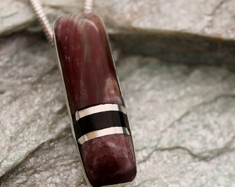 inlay pendant / silver and stone necklace / brown and black gemstone