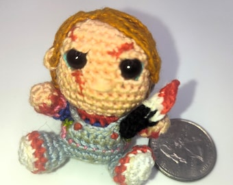 Chucky-Inspired Mini Crochet Doll | Horror Amigurumi Fan Art | Handmade Embroidery Floss Figure