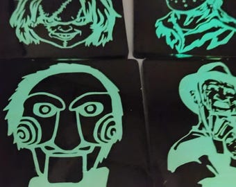 Glow-in-the-Dark Horror Movie Coaster Set | Handmade Resin Coasters | Horror Fan Gift | Halloween Home Decor