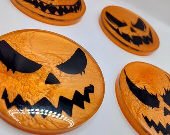 Set of 4 Halloween Pumpkin Face Coasters | Resin Coasters with Jack-o'-Lantern Designs | Spooky Home Decor for Fall & Halloween