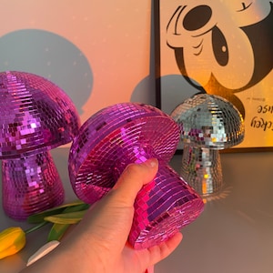 pink mushroom disco ball, pink disco ball decoration, pink disco mushroom, pink funky decoration, pink party