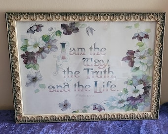 Lovely early 20th century lithograph Bible quotation in gessoed Rococo moulded frame