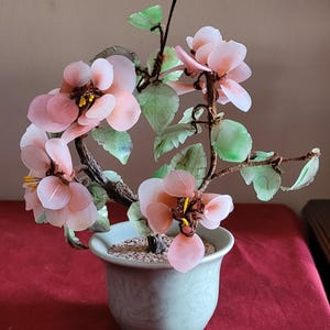 Gorgeous vintage Chinese cherry blossom bonsai tree in a celadon green pot