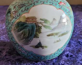 Vintage Jingdezhen Ginger Jar: 1970s Chinese Mountain Scene Pottery