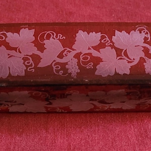 Puede incluir: Un plato largo rectangular de vidrio rojo con un diseño de vid grabado en blanco. El plato es perfecto para servir aperitivos o aperitivos.