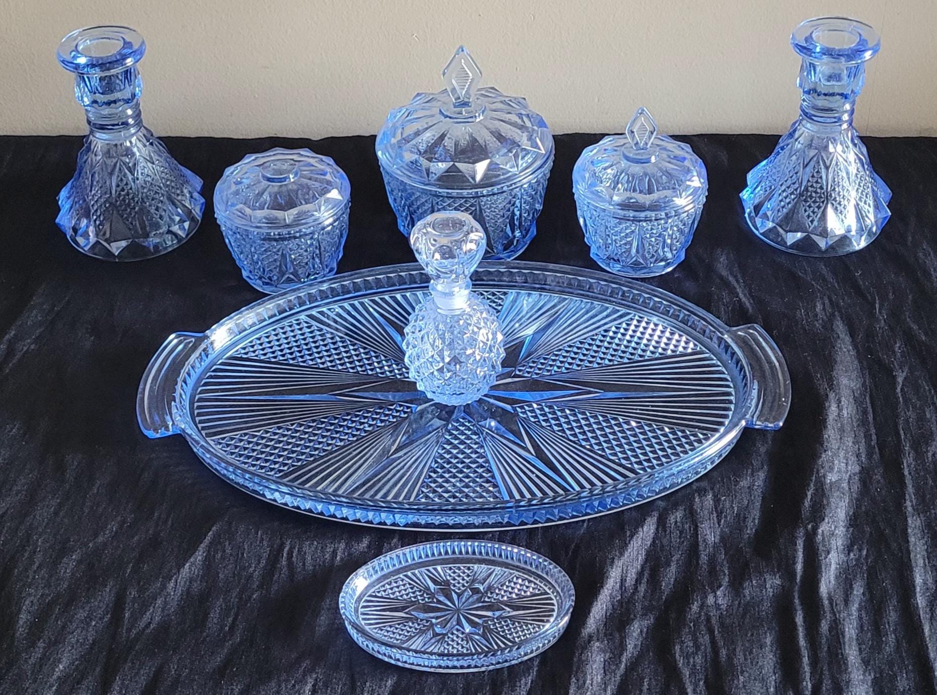 Vintage Blue Glass Dressing Table Set - Etsy