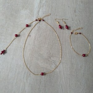 Bridal set bracelet earrings necklace pendant backless fine golden chain burgundy pearls wedding jewelry bridal jewelry image 1