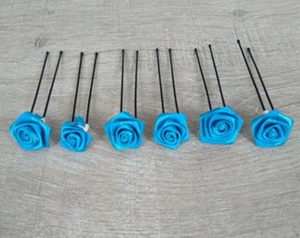 6 épingles chignon fleur turquoise mini rose turquoise Accessoires coiffure mariée mariage chignon mariee